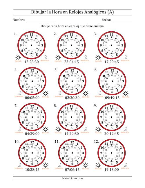 La hoja de ejercicios de Representar la Hora en Relojes Analógicos de 24 Horas en Intervalos de 15 Segundo (12 Relojes) (A)
