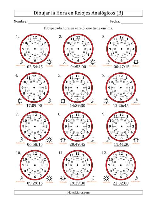 La hoja de ejercicios de Representar la Hora en Relojes Analógicos de 24 Horas en Intervalos de 15 Segundo (12 Relojes) (B)