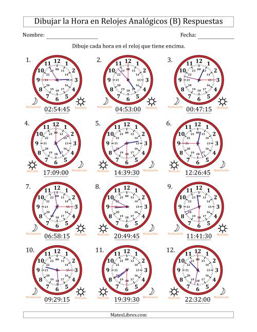 La hoja de ejercicios de Representar la Hora en Relojes Analógicos de 24 Horas en Intervalos de 15 Segundo (12 Relojes) (B) Página 2
