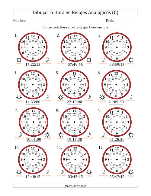 La hoja de ejercicios de Representar la Hora en Relojes Analógicos de 24 Horas en Intervalos de 15 Segundo (12 Relojes) (C)