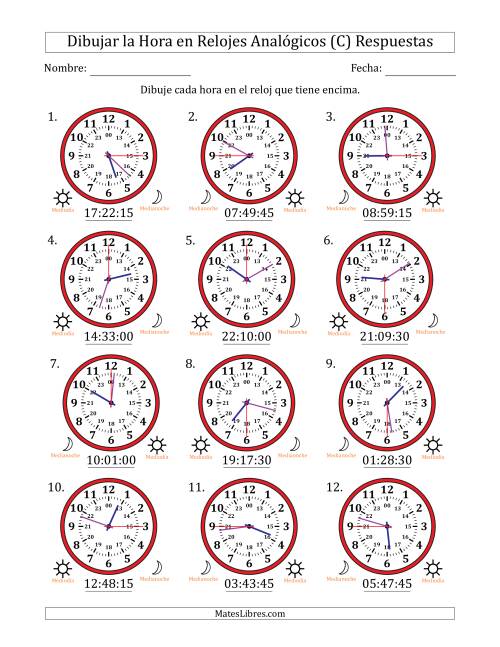 La hoja de ejercicios de Representar la Hora en Relojes Analógicos de 24 Horas en Intervalos de 15 Segundo (12 Relojes) (C) Página 2