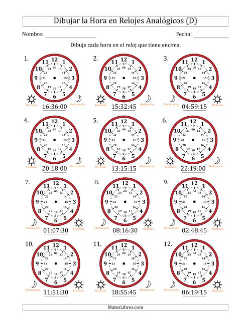 La hoja de ejercicios de Representar la Hora en Relojes Analógicos de 24 Horas en Intervalos de 15 Segundo (12 Relojes) (D)