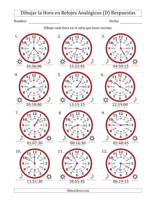 La hoja de ejercicios de Representar la Hora en Relojes Analógicos de 24 Horas en Intervalos de 15 Segundo (12 Relojes) (D) Página 2