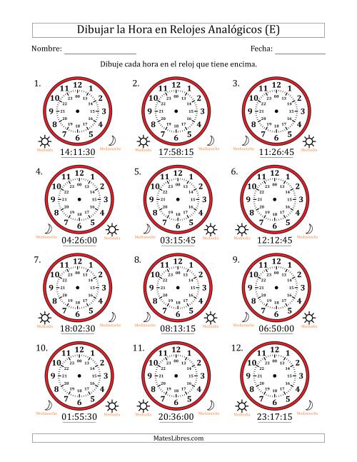 La hoja de ejercicios de Representar la Hora en Relojes Analógicos de 24 Horas en Intervalos de 15 Segundo (12 Relojes) (E)