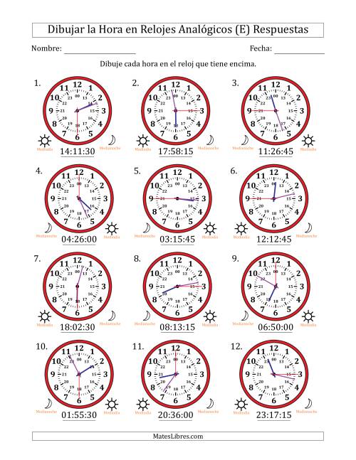 La hoja de ejercicios de Representar la Hora en Relojes Analógicos de 24 Horas en Intervalos de 15 Segundo (12 Relojes) (E) Página 2