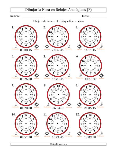 La hoja de ejercicios de Representar la Hora en Relojes Analógicos de 24 Horas en Intervalos de 15 Segundo (12 Relojes) (F)
