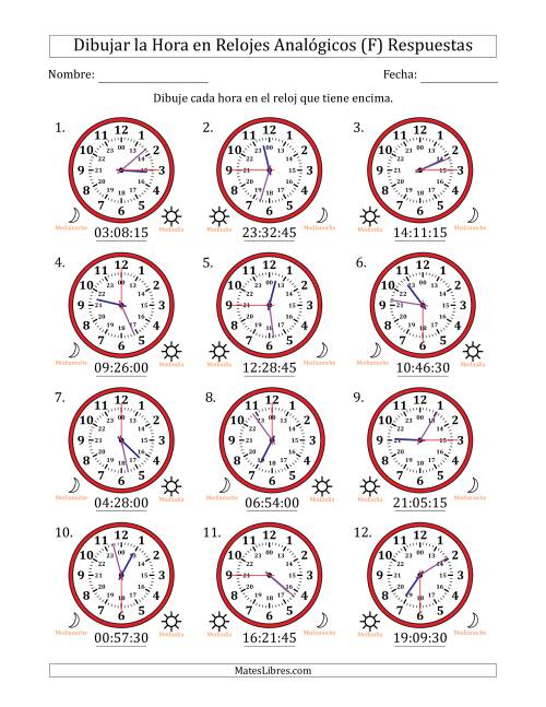 La hoja de ejercicios de Representar la Hora en Relojes Analógicos de 24 Horas en Intervalos de 15 Segundo (12 Relojes) (F) Página 2