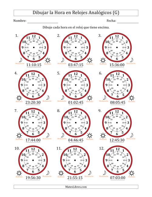 La hoja de ejercicios de Representar la Hora en Relojes Analógicos de 24 Horas en Intervalos de 15 Segundo (12 Relojes) (G)