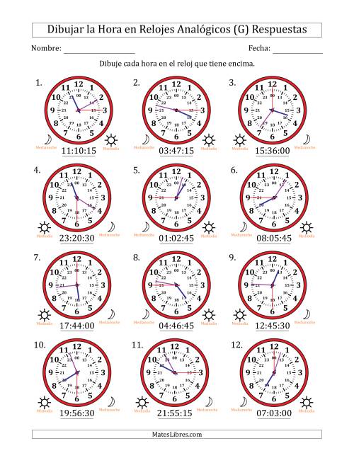 La hoja de ejercicios de Representar la Hora en Relojes Analógicos de 24 Horas en Intervalos de 15 Segundo (12 Relojes) (G) Página 2