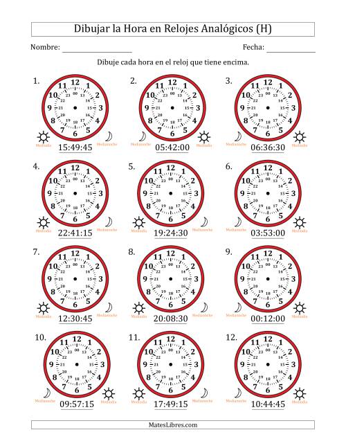 La hoja de ejercicios de Representar la Hora en Relojes Analógicos de 24 Horas en Intervalos de 15 Segundo (12 Relojes) (H)