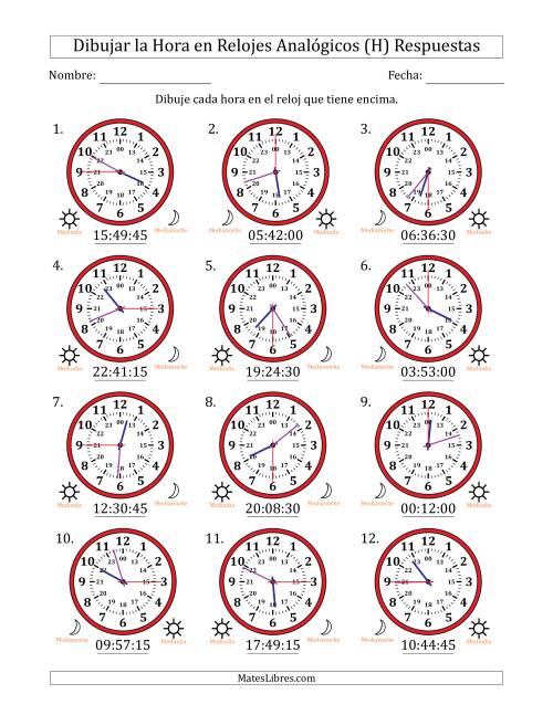 La hoja de ejercicios de Representar la Hora en Relojes Analógicos de 24 Horas en Intervalos de 15 Segundo (12 Relojes) (H) Página 2