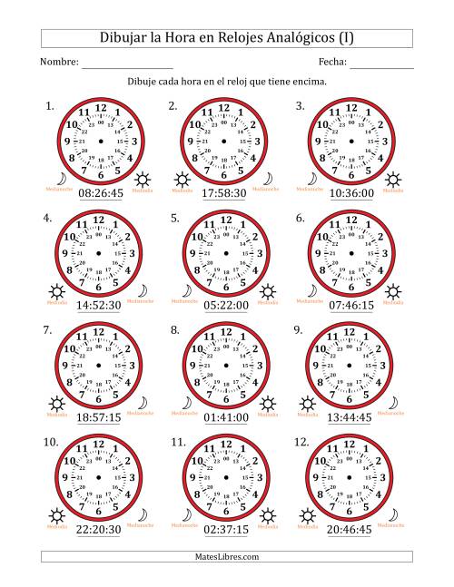 La hoja de ejercicios de Representar la Hora en Relojes Analógicos de 24 Horas en Intervalos de 15 Segundo (12 Relojes) (I)