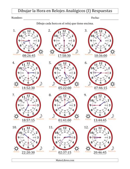 La hoja de ejercicios de Representar la Hora en Relojes Analógicos de 24 Horas en Intervalos de 15 Segundo (12 Relojes) (I) Página 2