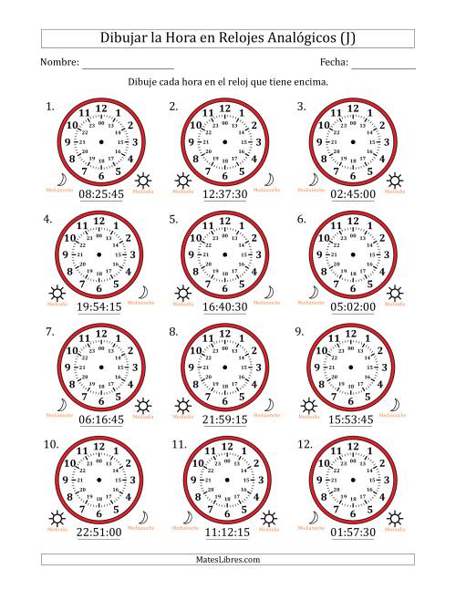 La hoja de ejercicios de Representar la Hora en Relojes Analógicos de 24 Horas en Intervalos de 15 Segundo (12 Relojes) (J)