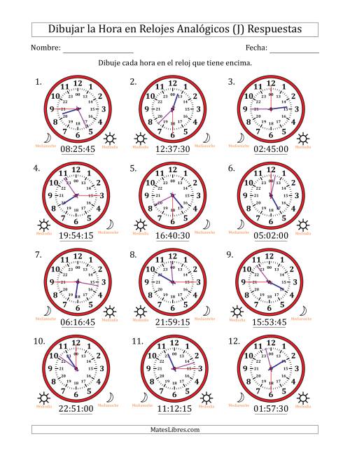 La hoja de ejercicios de Representar la Hora en Relojes Analógicos de 24 Horas en Intervalos de 15 Segundo (12 Relojes) (J) Página 2