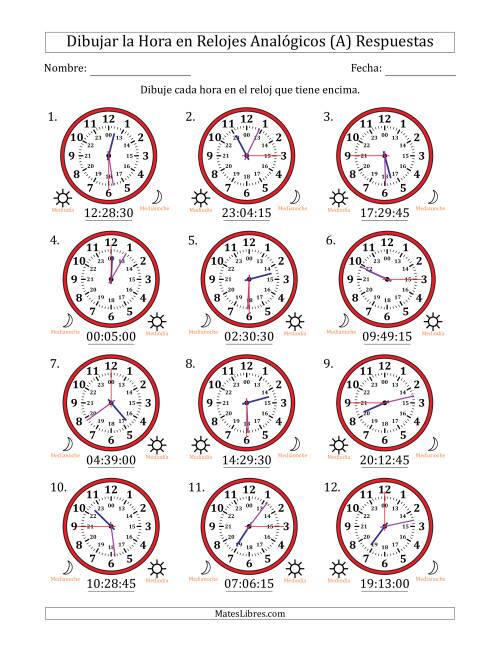 La hoja de ejercicios de Representar la Hora en Relojes Analógicos de 24 Horas en Intervalos de 15 Segundo (12 Relojes) (Todas) Página 2