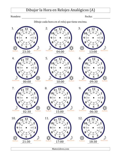 La hoja de ejercicios de Representar la Hora en Relojes Analógicos de 24 Horas en Intervalos de 30 Minuto (12 Relojes) (A)
