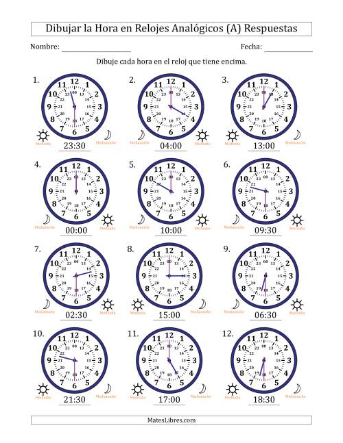 La hoja de ejercicios de Representar la Hora en Relojes Analógicos de 24 Horas en Intervalos de 30 Minuto (12 Relojes) (A) Página 2