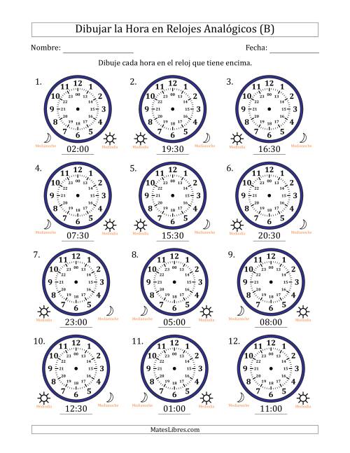 La hoja de ejercicios de Representar la Hora en Relojes Analógicos de 24 Horas en Intervalos de 30 Minuto (12 Relojes) (B)