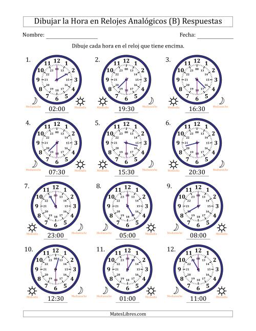 La hoja de ejercicios de Representar la Hora en Relojes Analógicos de 24 Horas en Intervalos de 30 Minuto (12 Relojes) (B) Página 2
