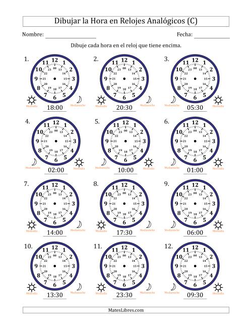 La hoja de ejercicios de Representar la Hora en Relojes Analógicos de 24 Horas en Intervalos de 30 Minuto (12 Relojes) (C)