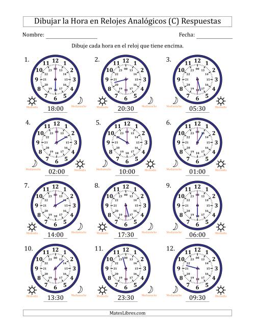 La hoja de ejercicios de Representar la Hora en Relojes Analógicos de 24 Horas en Intervalos de 30 Minuto (12 Relojes) (C) Página 2