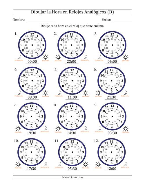 La hoja de ejercicios de Representar la Hora en Relojes Analógicos de 24 Horas en Intervalos de 30 Minuto (12 Relojes) (D)