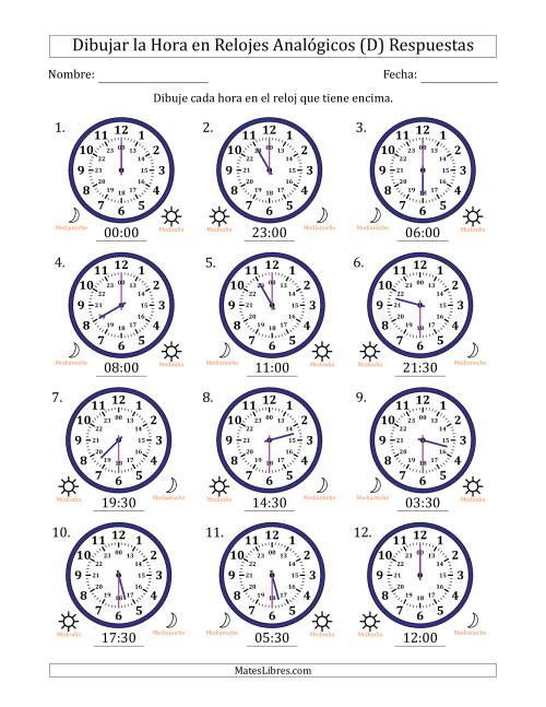 La hoja de ejercicios de Representar la Hora en Relojes Analógicos de 24 Horas en Intervalos de 30 Minuto (12 Relojes) (D) Página 2
