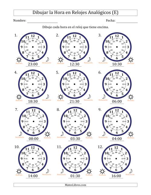 La hoja de ejercicios de Representar la Hora en Relojes Analógicos de 24 Horas en Intervalos de 30 Minuto (12 Relojes) (E)