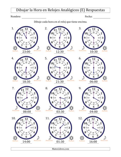 La hoja de ejercicios de Representar la Hora en Relojes Analógicos de 24 Horas en Intervalos de 30 Minuto (12 Relojes) (E) Página 2