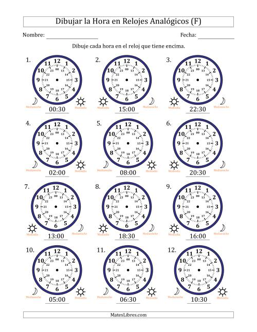 La hoja de ejercicios de Representar la Hora en Relojes Analógicos de 24 Horas en Intervalos de 30 Minuto (12 Relojes) (F)