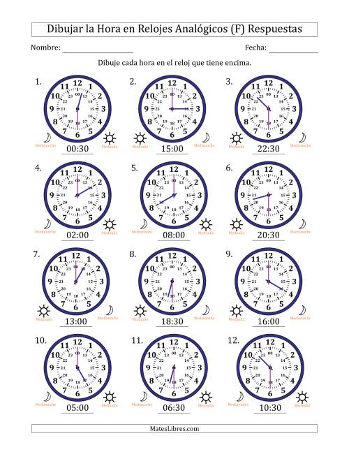 La hoja de ejercicios de Representar la Hora en Relojes Analógicos de 24 Horas en Intervalos de 30 Minuto (12 Relojes) (F) Página 2