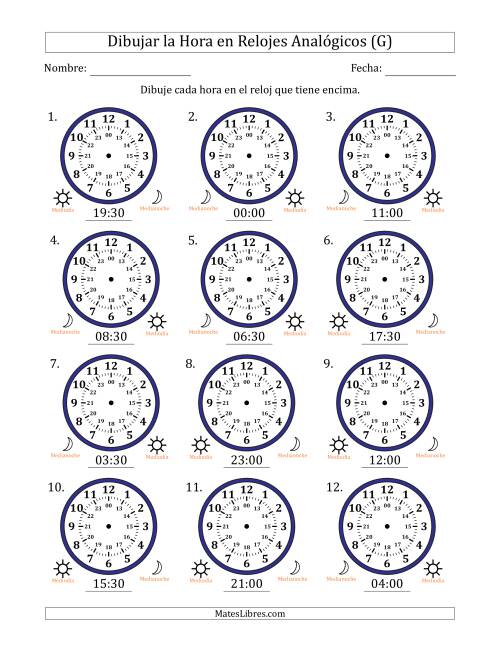 La hoja de ejercicios de Representar la Hora en Relojes Analógicos de 24 Horas en Intervalos de 30 Minuto (12 Relojes) (G)