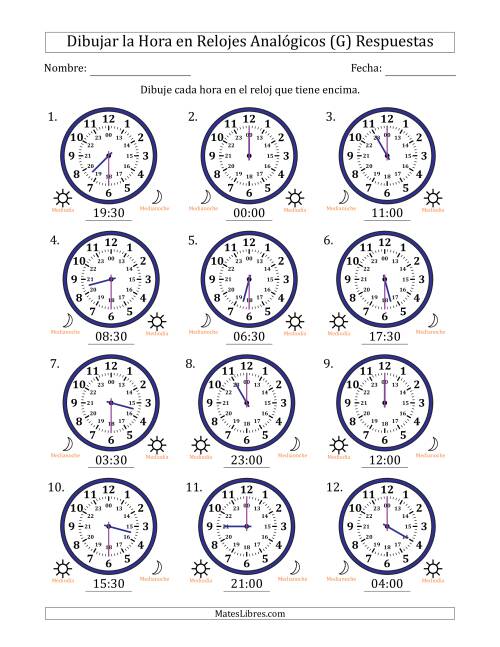 La hoja de ejercicios de Representar la Hora en Relojes Analógicos de 24 Horas en Intervalos de 30 Minuto (12 Relojes) (G) Página 2