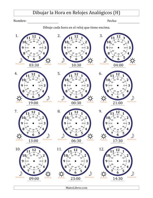 La hoja de ejercicios de Representar la Hora en Relojes Analógicos de 24 Horas en Intervalos de 30 Minuto (12 Relojes) (H)
