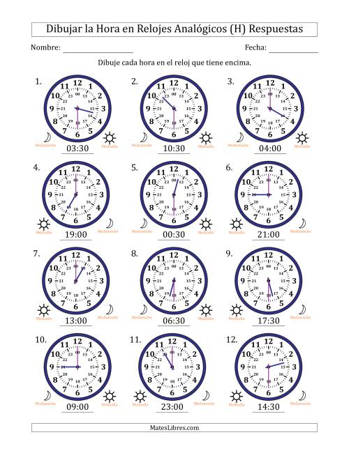 La hoja de ejercicios de Representar la Hora en Relojes Analógicos de 24 Horas en Intervalos de 30 Minuto (12 Relojes) (H) Página 2