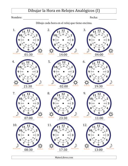 La hoja de ejercicios de Representar la Hora en Relojes Analógicos de 24 Horas en Intervalos de 30 Minuto (12 Relojes) (I)