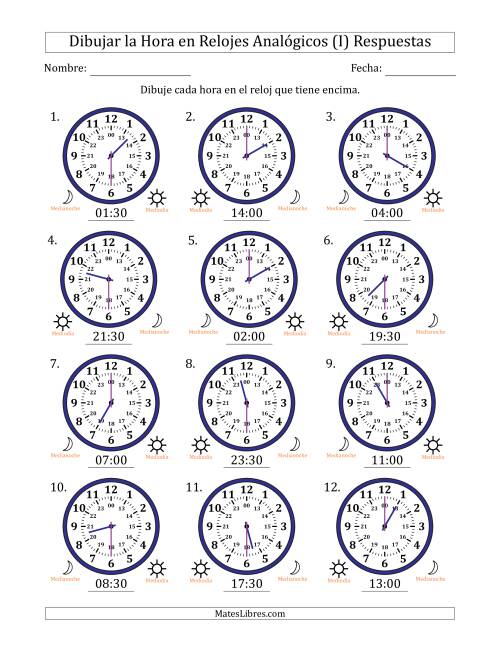 La hoja de ejercicios de Representar la Hora en Relojes Analógicos de 24 Horas en Intervalos de 30 Minuto (12 Relojes) (I) Página 2