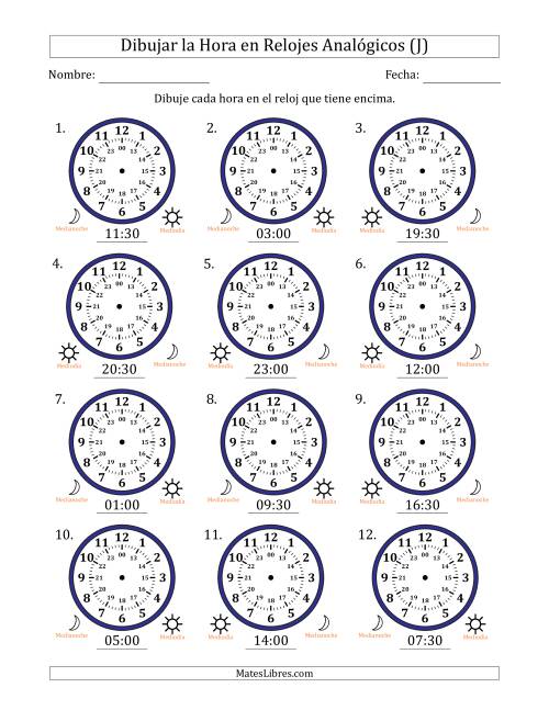 La hoja de ejercicios de Representar la Hora en Relojes Analógicos de 24 Horas en Intervalos de 30 Minuto (12 Relojes) (J)