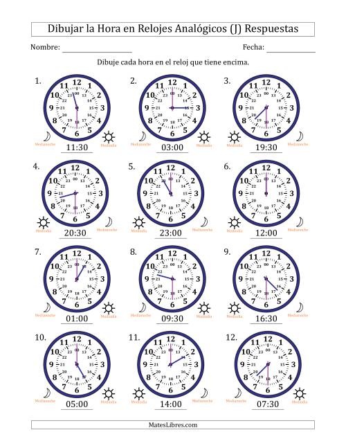La hoja de ejercicios de Representar la Hora en Relojes Analógicos de 24 Horas en Intervalos de 30 Minuto (12 Relojes) (J) Página 2