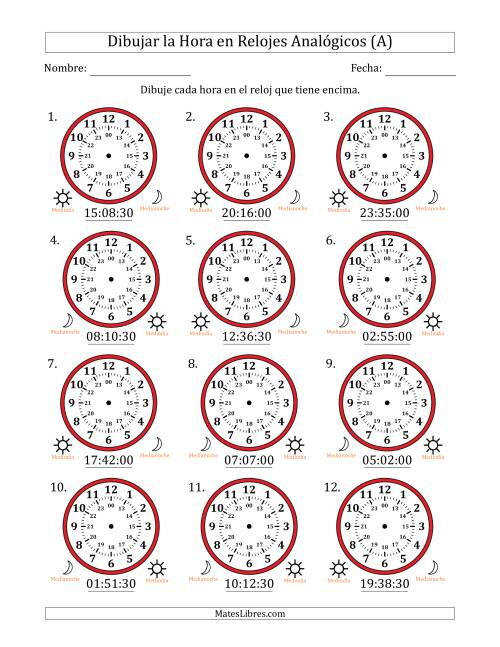 La hoja de ejercicios de Representar la Hora en Relojes Analógicos de 24 Horas en Intervalos de 30 Segundo (12 Relojes) (A)