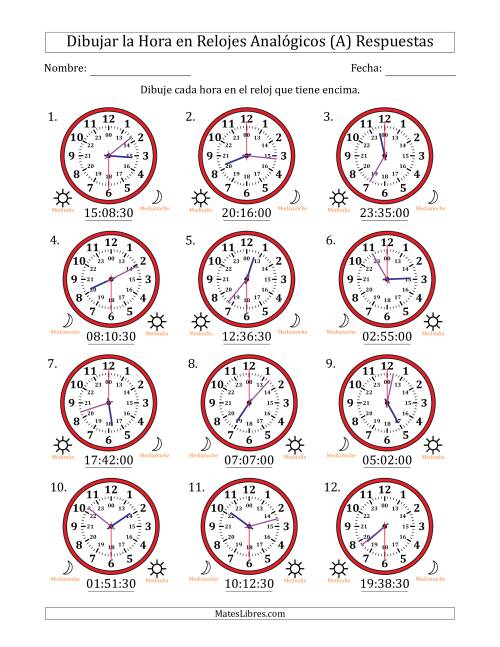 La hoja de ejercicios de Representar la Hora en Relojes Analógicos de 24 Horas en Intervalos de 30 Segundo (12 Relojes) (A) Página 2