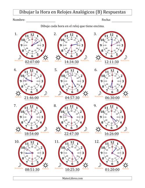 La hoja de ejercicios de Representar la Hora en Relojes Analógicos de 24 Horas en Intervalos de 30 Segundo (12 Relojes) (B) Página 2