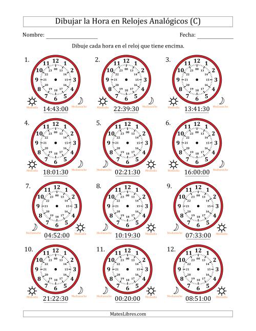 La hoja de ejercicios de Representar la Hora en Relojes Analógicos de 24 Horas en Intervalos de 30 Segundo (12 Relojes) (C)
