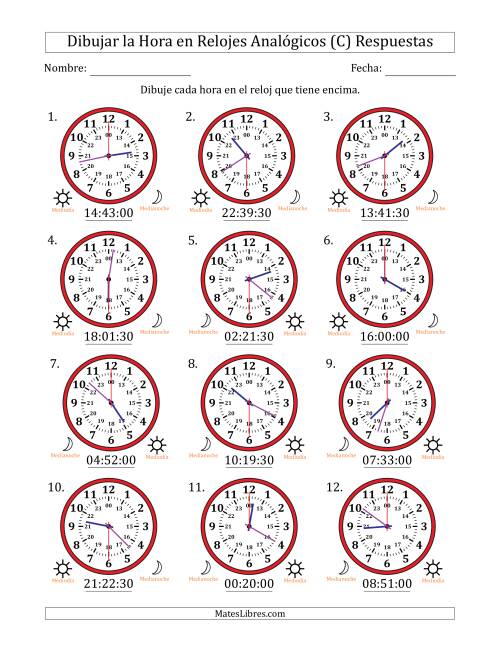 La hoja de ejercicios de Representar la Hora en Relojes Analógicos de 24 Horas en Intervalos de 30 Segundo (12 Relojes) (C) Página 2