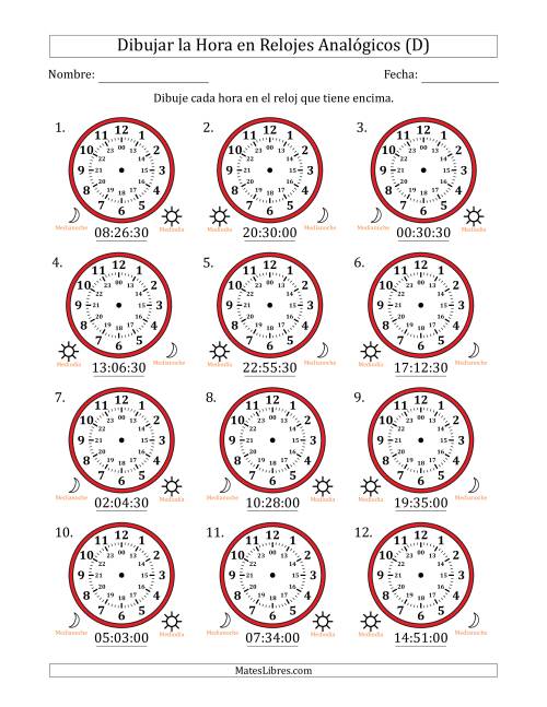 La hoja de ejercicios de Representar la Hora en Relojes Analógicos de 24 Horas en Intervalos de 30 Segundo (12 Relojes) (D)