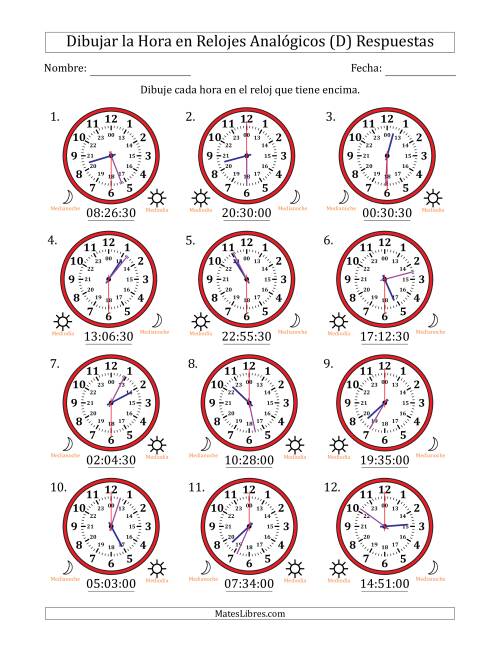 La hoja de ejercicios de Representar la Hora en Relojes Analógicos de 24 Horas en Intervalos de 30 Segundo (12 Relojes) (D) Página 2