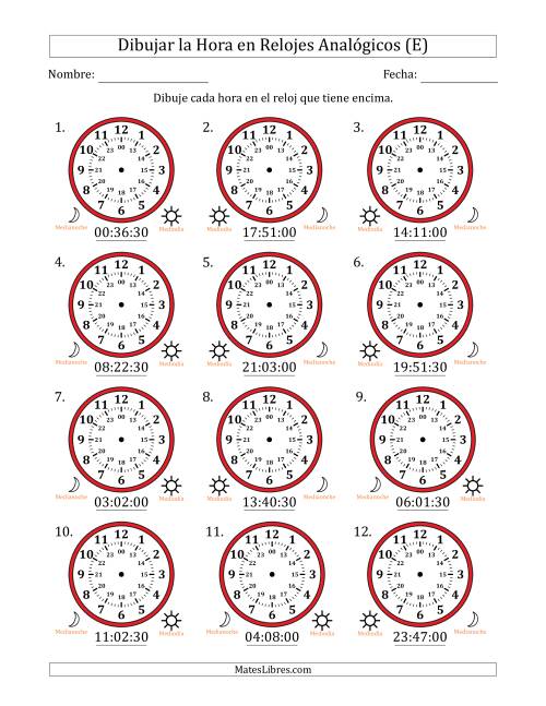 La hoja de ejercicios de Representar la Hora en Relojes Analógicos de 24 Horas en Intervalos de 30 Segundo (12 Relojes) (E)