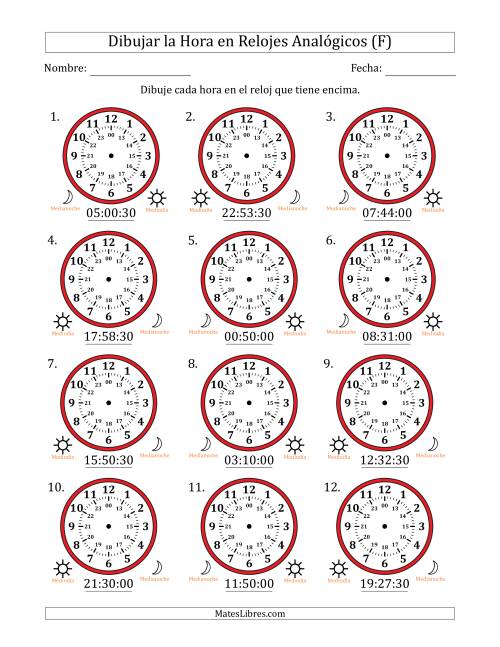 La hoja de ejercicios de Representar la Hora en Relojes Analógicos de 24 Horas en Intervalos de 30 Segundo (12 Relojes) (F)