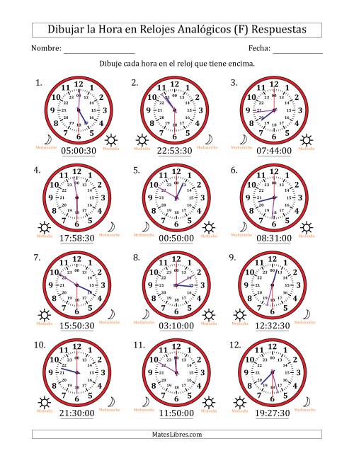 La hoja de ejercicios de Representar la Hora en Relojes Analógicos de 24 Horas en Intervalos de 30 Segundo (12 Relojes) (F) Página 2